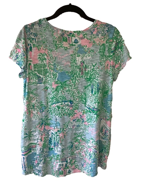 Lilly Pulitzer Etta V-Neck Tropical Print Tee in Green & Pink Size M 001504 - Picture 2 of 8